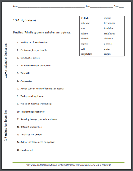 10.4 Synonyms Worksheet - Free to print (PDF file).