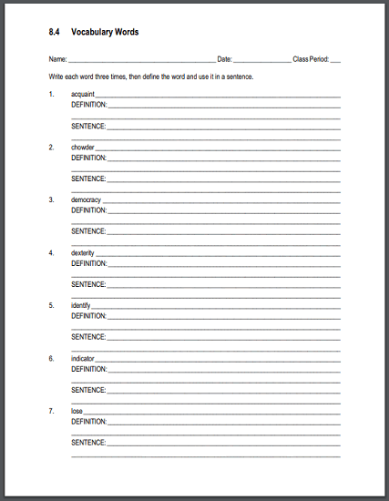 Vocabulary Terms 8.4 Sentences Worksheet - Free to print (PDF file).