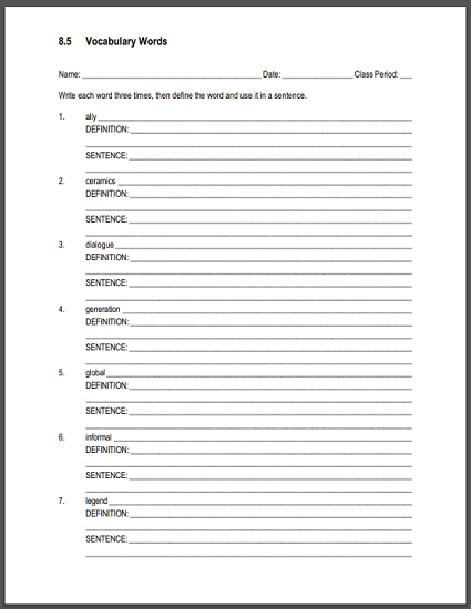 Terms 8.5 Sentences and Definitions Worksheet - Free to print (PDF file).