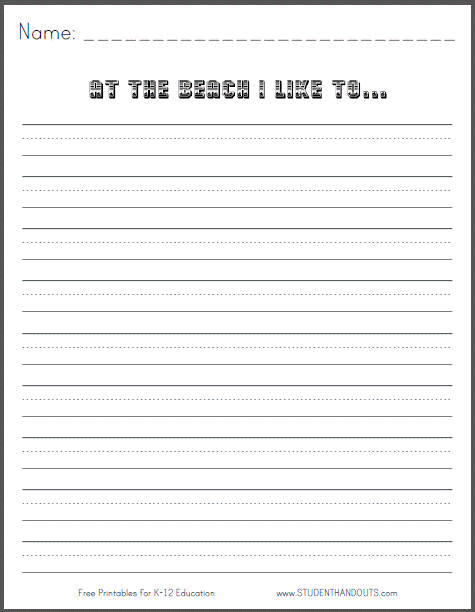 "At the beach I like to..." - Lined writing prompt is free to print (PDF file) for grades 1-3.