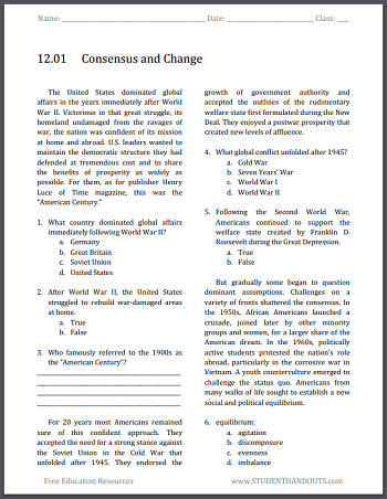 Consensus and Change - Free printable reading with questions (PDF file) for high school American History classes.