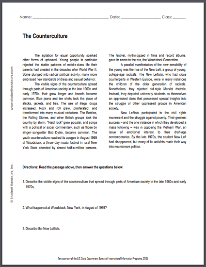 The Counterculture - Free printable reading worksheet with questions (PDF file) for high school United States History education.