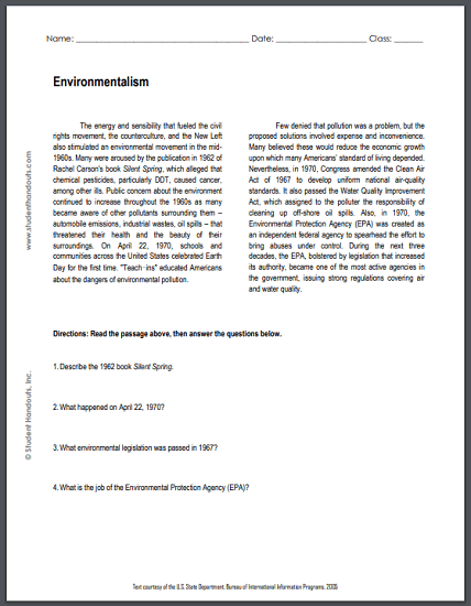 Environmentalism - Reading worksheet is free to print (PDF file) for high school United States History education.