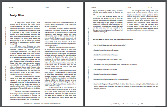 Foreign Affairs Under Reagan and Bush - Free printable reading with questions (PDF file) for high school American History classes.