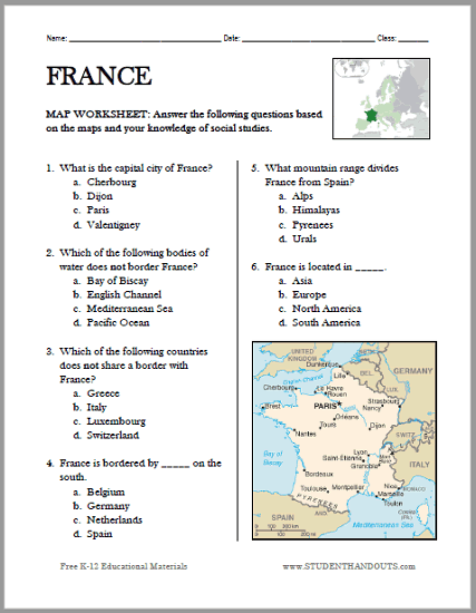 France Map Worksheet - Free to print (PDF file) for students of World Geography.