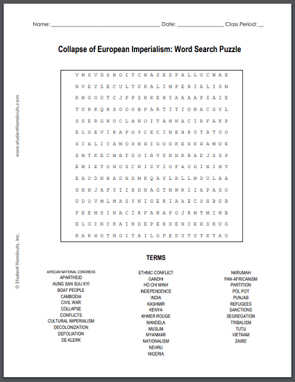 Collapse of European Imperialism Word Search Puzzle - Free to print (PDF file) for high school World History students.