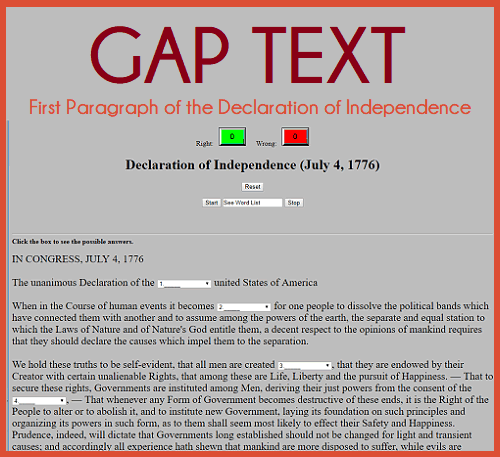 Interactive Gap Text Game for the First Paragraph of the Declaration of Independence (July 4, 1776) - Cloze text reading quiz is free to take online.