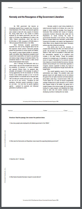 Kennedy and the Resurgence of Big Government Liberalism - Free printable reading with questions (PDF file) for high school United States History education.