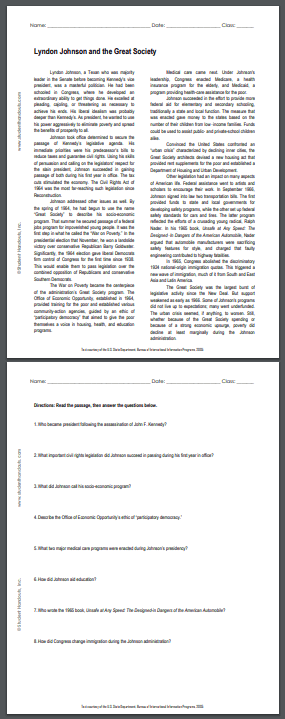 Lyndon Johnson and the Great Society Reading with Questions - Free to print (PDF file) for U.S. History students and teachers.