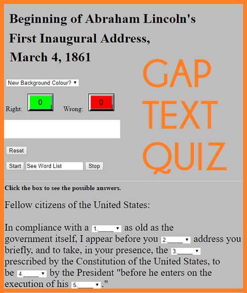 Abraham Lincoln's First Inaugural Address Gap Text Quiz Game