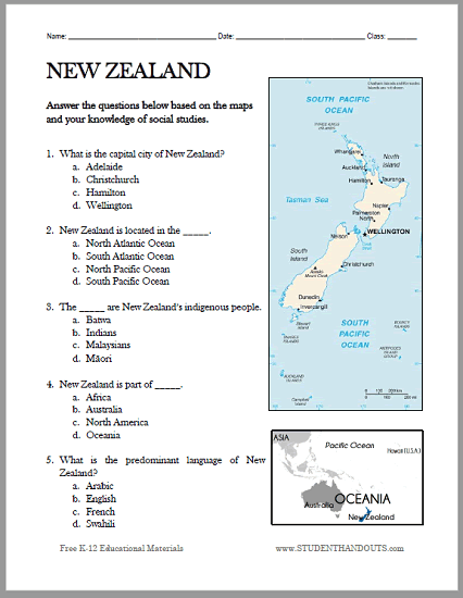 New Zealand Map Worksheet - Free to print (PDF file) for students of World Geography.