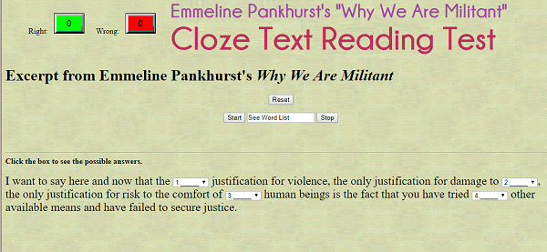 Emmeline Pankhurst's Why We Are Militant - Interactive Cloze Text Reading Test