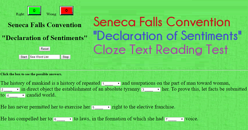 Seneca Falls Convention "Declaration of Sentiments" Cloze Text Reading Test