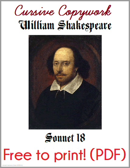 Shakespeare's 18th Sonnet Copywork Workbook - Free to print (PDF file). Practice your cursive handwriting!