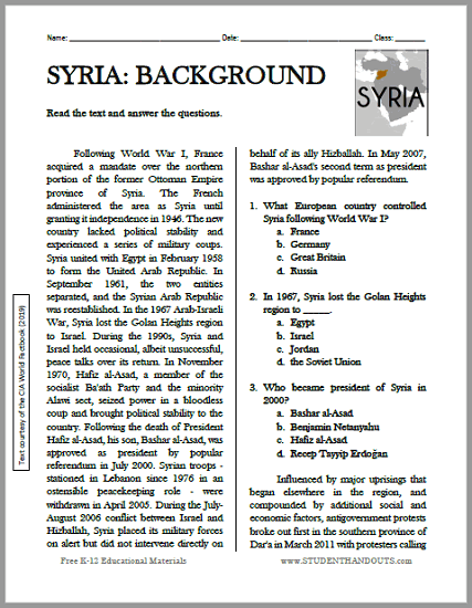 Syria's Political Turmoil: Background Reading with Questions - Free to print (PDF file).