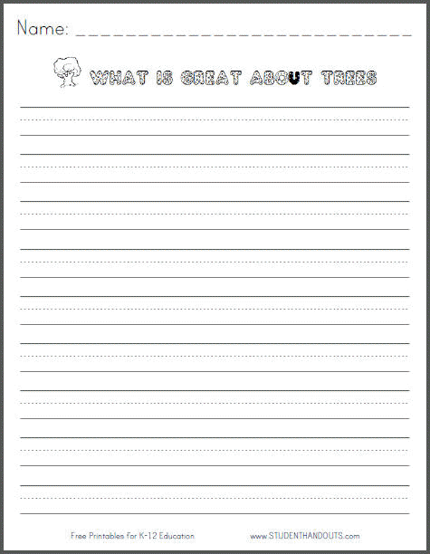 What is great about trees - Free Printable Lined Primary Writing Prompt Worksheet for Primary Grade Students