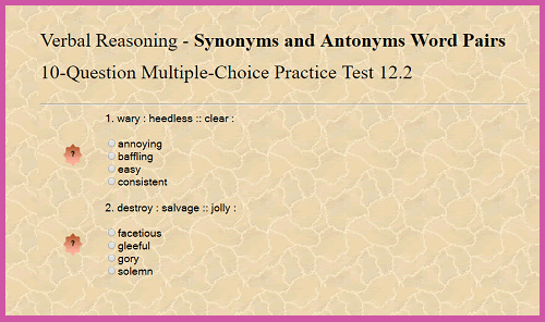 Verbal Reasoning - Synonyms and Antonyms Word Pairs 10-Question Multiple-Choice Practice Test 12.2