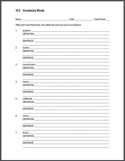 Vocabulary List 10.2 Sentences and Definitions Worksheet - Free to print (PDF file).