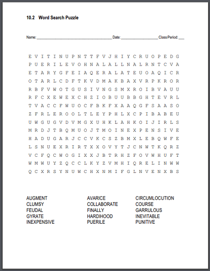 Vocabulary List 10.2 Word Search Puzzle - Click here to print (PDF file).