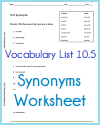 Vocabulary List 10.5 Synonyms Worksheet