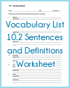 Vocabulary List 10.2 Sentences and Definitions Worksheet