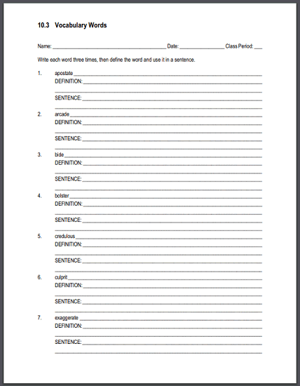 Vocabulary List 10.3 Sentences and Definitions Worksheet - Free to print (PDF file).