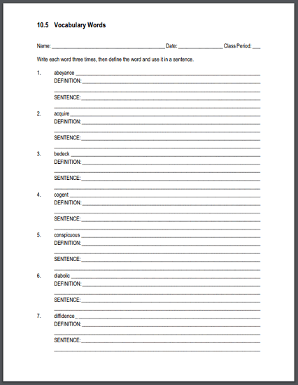 Vocabulary Terms 10.5 Sentences and Definitions Worksheet - Free to print (PDF file).