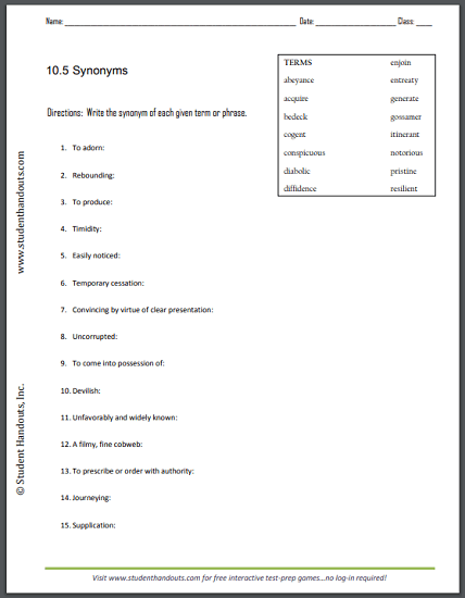 Vocabulary List 10.5 Synonyms Worksheet - Free to print (PDF file).