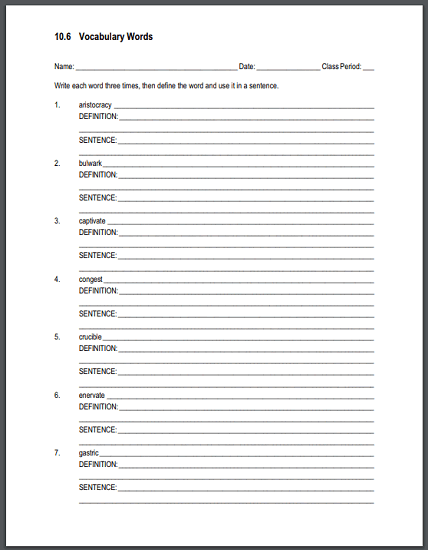 Vocabulary Terms 10.6 Sentences and Definitions Worksheet - Free to print (PDF file).