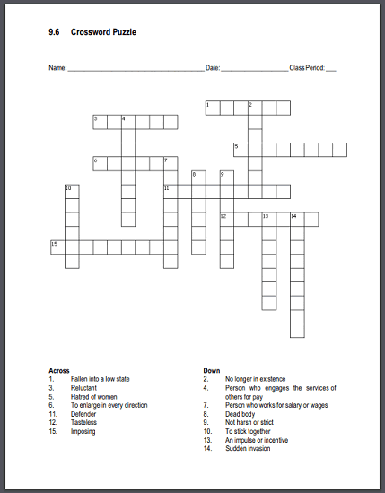 Vocabulary List 9.6 Crossword Puzzle - Free to print (PDF file).