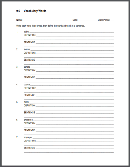Vocabulary Terms 9.6 Sentences and Definitions Worksheet - Free to print (PDF file).