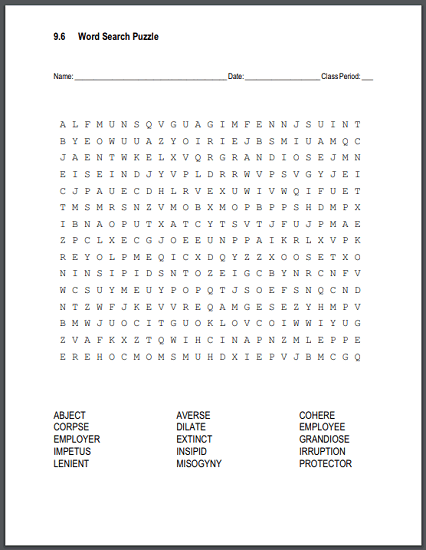 Vocabulary List 9.6 Word Search Puzzle - Free to print (PDF file).