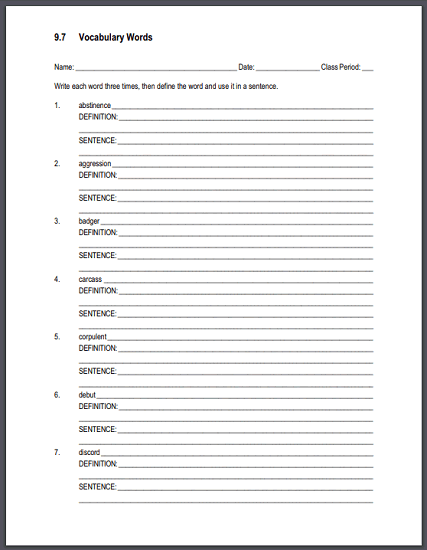 Vocabulary Terms 9.7 Sentences and Definitions Worksheet - Free to print (PDF file).