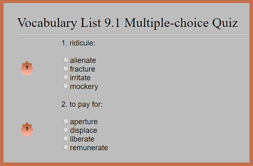 Interactive Multiple-choice Quiz for Vocabulary Terms List 9.1