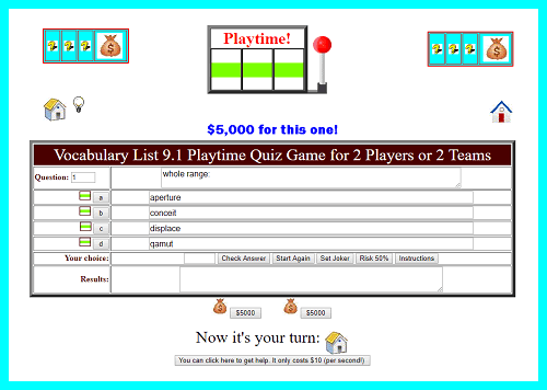 Vocabulary List 9.1 Playtime Quiz Game for 2 Players or 2 Teams