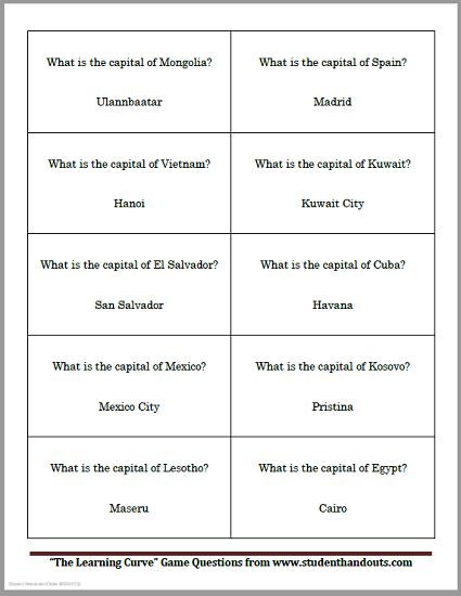 Country Capitals Game Question Cards - Free to print, including game board with instructions (PDF files).