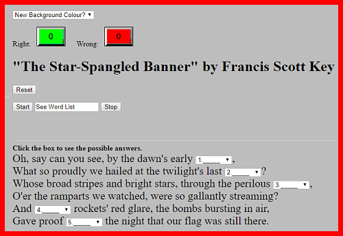"The Star-Spangled Banner" by Francis Scott Key - Free interactive gap text (cloze reading) quiz game.