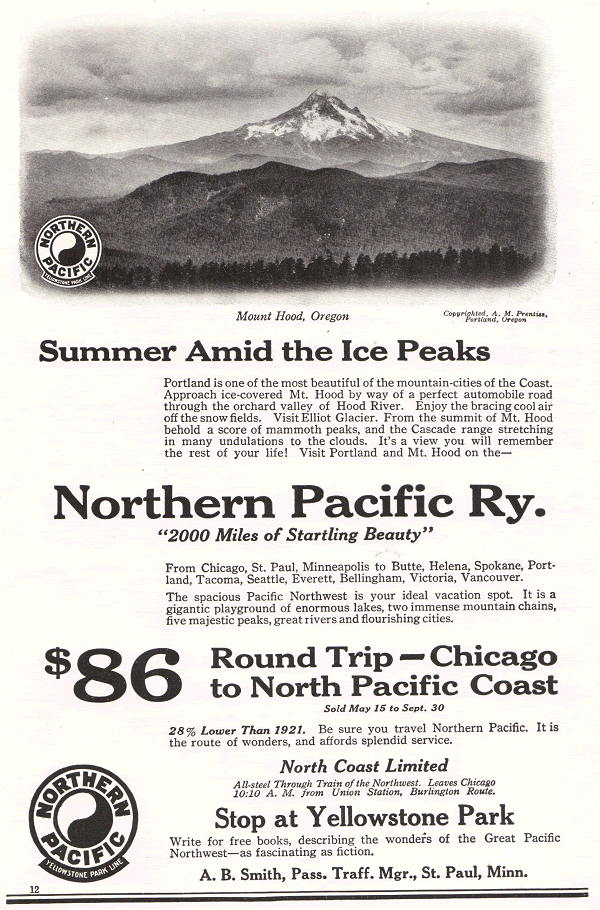 Northern Pacific Railway, "2000 miles of startling beauty." $86 round trip.