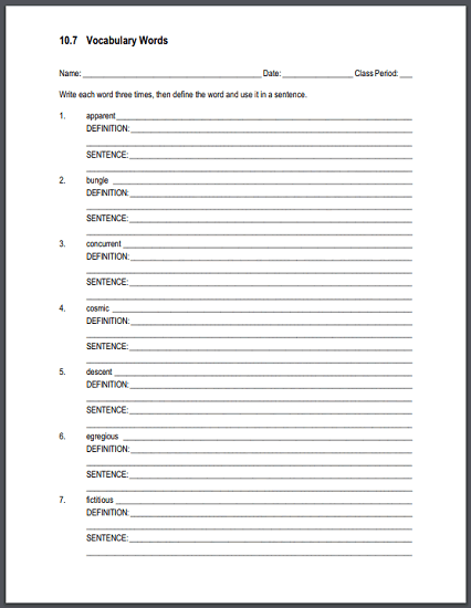 Vocabulary Terms 10.7 Sentences and Definitions Worksheet - Free to print (PDF file).