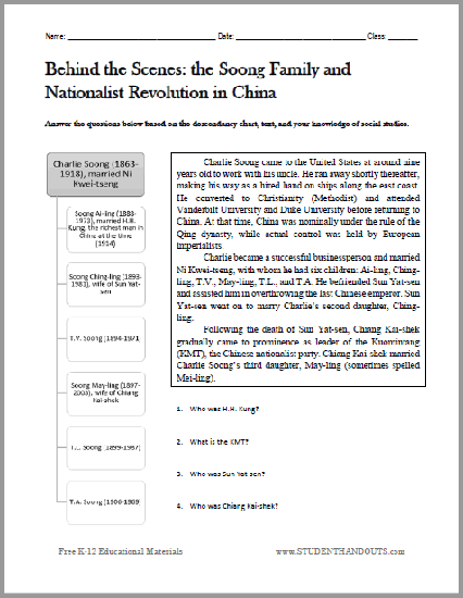 Soong Family Tree Worksheet - For World History classes studying Kuomintang and nationalist revolution in China. Free to print (PDF file).