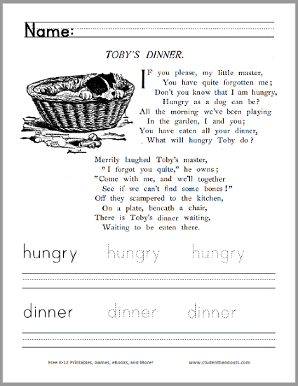 Toby's Dinner Poem Worksheet - Free to print (PDF file). For kindergarten and first grade.