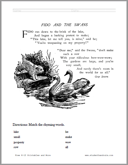 Fido and the Swans Poem Worksheets - Free to print (PDF files).