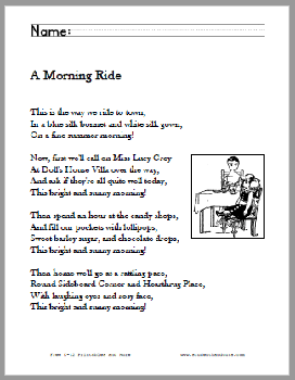 A Morning Ride Poem Worksheets - Free to print (PDF files). Grades two through five.