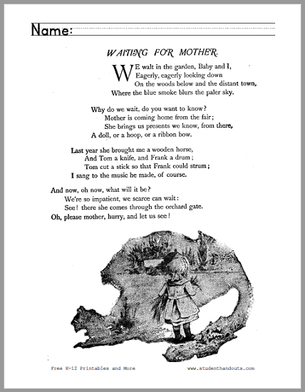 Waiting for Mother Poem Worksheets - Free to print (PDF files). For grades two through four.