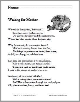 Waiting for Mother Poem Worksheets - Free to print (PDF files). For grades two through four.