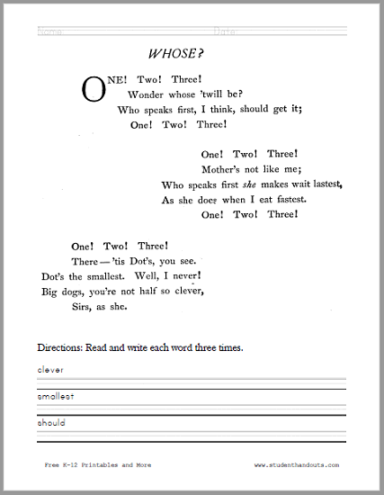 Poem: One, Two, Three, Four, Five Worksheet for Kindergarten - 1st Grade