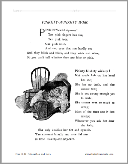 Pinkety-Winkety-Wee Poem Worksheets - Free to print (PDF files).