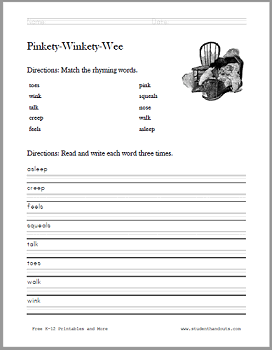 Pinkety-Winkety-Wee Poem Worksheets - Free to print (PDF files).