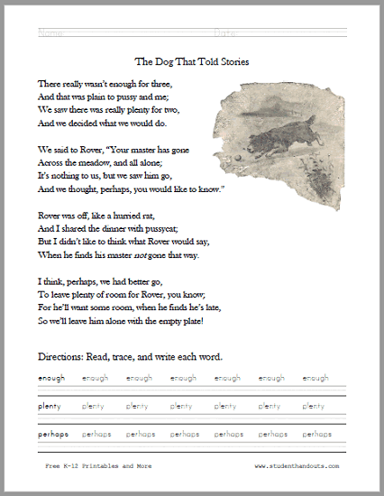 "The Dog That Told Stories" Poem Worksheets - For children in grades 1-2. Free to print (PDF files).