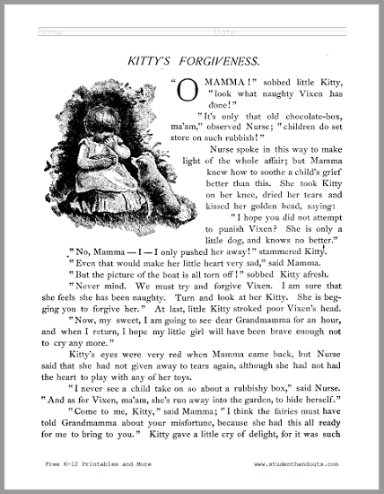 Kitty's Forgiveness Short Story Workbook - Free to print (PDF file). Four pages in length.